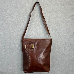 Claudio Ferrici Glossy Brown Leather Tote Bag Purse Buckle Detail Office Pockets